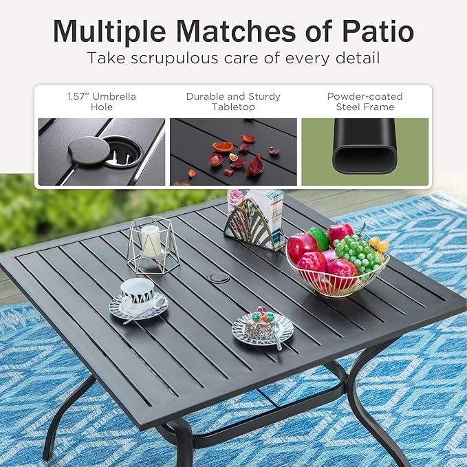 PHI VILLA 6 Pcs Patio Dining Set with 10ft Umbrella for 4, Mesh Chairs | 37" square metal table, 4 high-back textilene chairs, 10ft red umbrella for outdoor, deck, lawn. Rust-resistant, easy-clean
