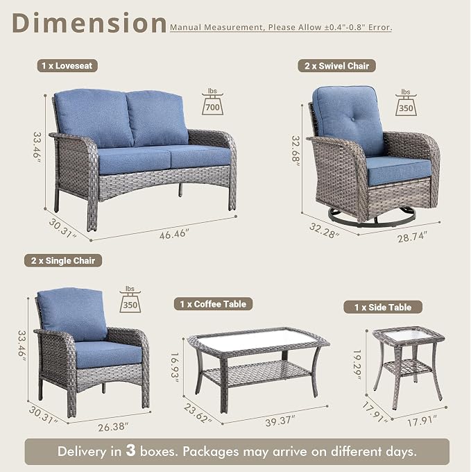 7 Piece Wicker Patio Furniture Set with Swivel Chairs, Denim Blue | High Back Swivel Rocker Chairs, Outdoor Loveseat Sofa, Coffee Table, Rattan Conversation Set, Porch Deck Backyard Poolside