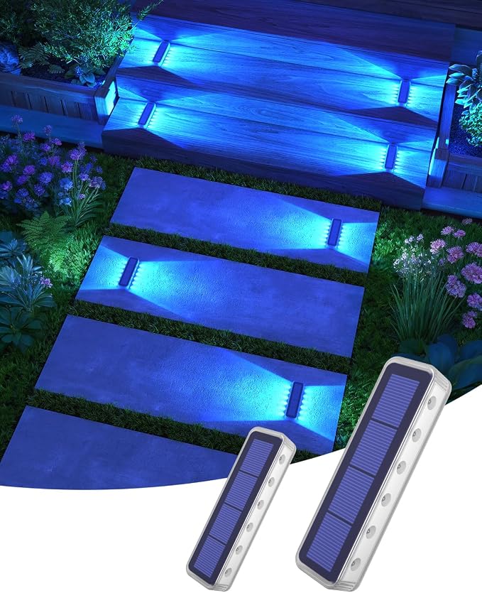 DetarZinLED Blue Solar Lights for Outside 2 Pack, 12 LEDs 2-Sided Illumination Solar Dock Lights Outdoor IP68 Waterproof, Auto On/Off Solar Deck Lights for Steps,Stairs,Driveway,Pathway,Sidewalk,Porch