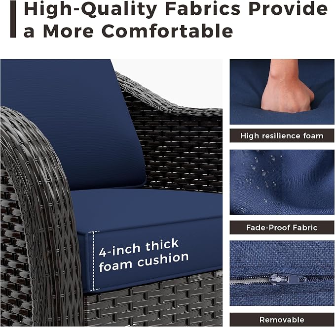 4 Pieces Patio Outdoor Conversation Furniture Set, 78" 3-Seat Couch, 2 Chairs, 47" Metal Coffee Table, Rattan Wicker Sofa with Washable Cushions for Garden, Deck (Navy Blue)