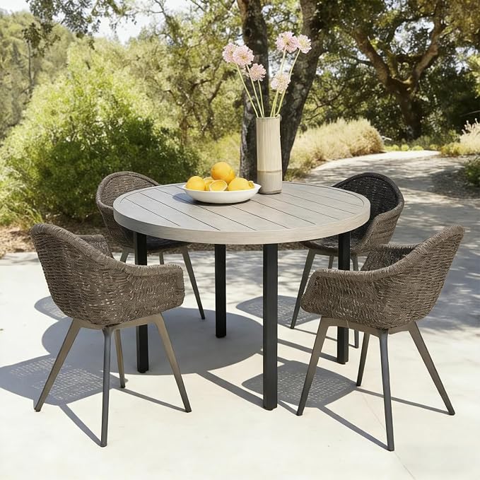 All-Weather 42" Round Outdoor Patio Table for 4, Metal Ivory Dining Table with Adjustable Umbrella Hole, Garden, Backyard & Deck Bistro Table