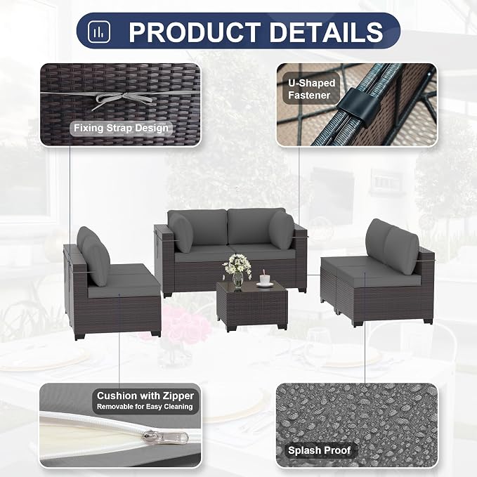Kurapika 7 Pieces Patio Furniture Set, Rattan Wicker Outdoor Conversation Sets w/4 Inch Cushion and Glass Coffee Table(Grey)