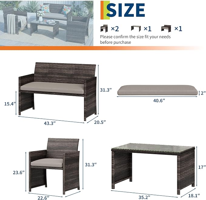 IDEALHOUSE 4 Piece Outdoor Wicker Patio Furniture Set, with Coffee Table & Seat Cushions for Backyard, Porch Seating