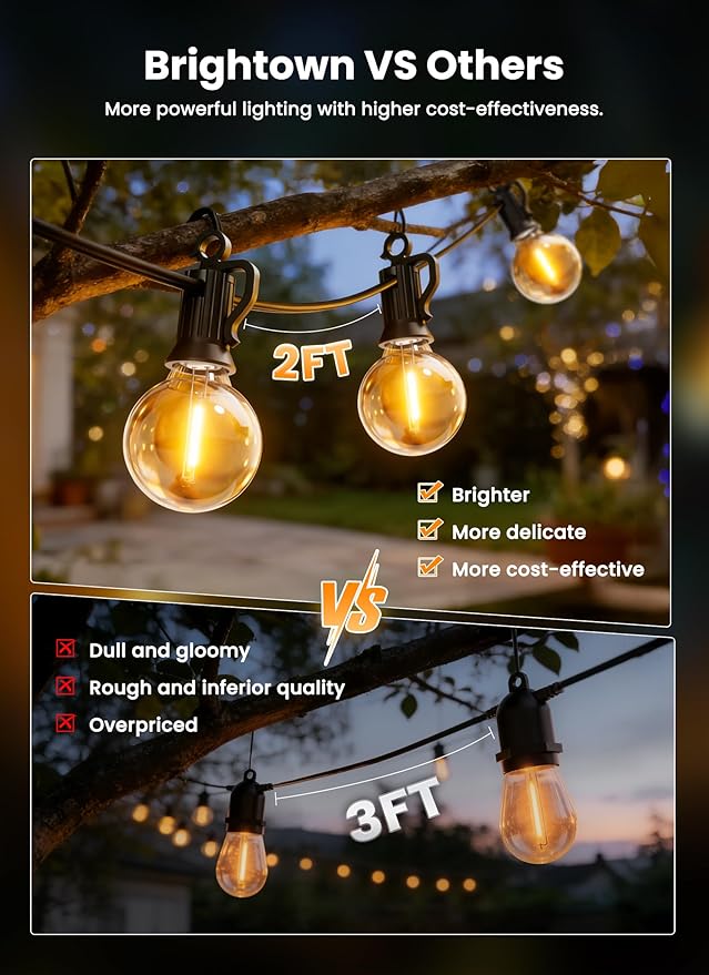 Outdoor String Lights, 55(50+5) FT 25 Bulbs IP65 Waterproof Patio Lights | Shatterproof Dimmable Hanging Connectable G40 Globe LED Outdoor Lights for Christmas, Backyard, Bistro, Porch