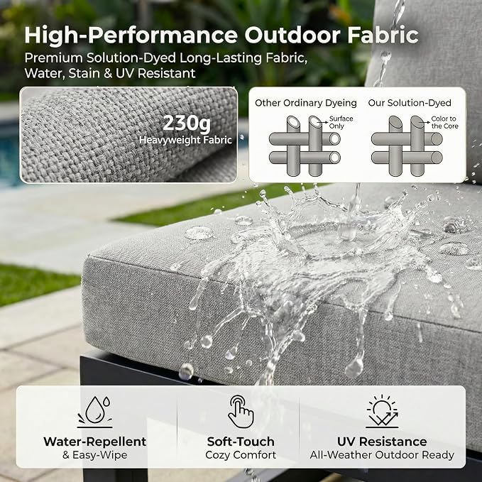 RADIATA 9 Piece Large Contemporary Aluminum Outdoor Furniture Set with Sun Bed & Fire Pit Table, 29 inch Deep Couch Set, 500 lbs High Weight Capacity, Patio Sectional Sofa for Poolside, Light Gray