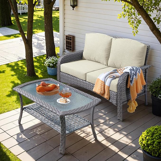 HOOOWOOO Patio Furniture Set,Outdoor High Back Loveseat Set,All Weather Wicker 2-Seater-Sofa Love Seat with Table,Beige