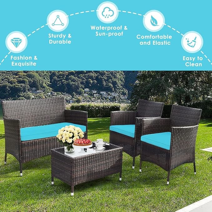 Goplus 4-Piece Rattan Patio Set, Outdoor/Indoor Wicker Conversation Set for Pool, Backyard, Lawn, Wicker Chairs and Sofa with Soft Cushion, Rattan Furniture with Tempered Glass Coffee Table