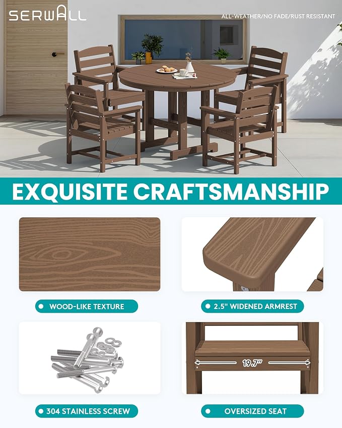 SERWALL 5-Piece Patio Dining Sets, HDPE Outdoor Table and Chairs Furniture Set, 45" Round Dining Table and 4 Dining Chairs, Brown