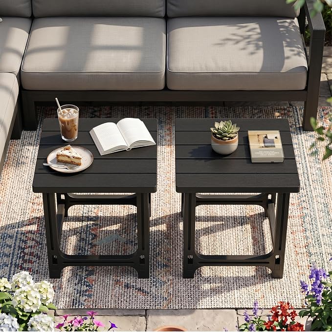 Tangkula Outdoor Adirondack Side Table, 18" Heavy Duty HDPE Patio End Table with Slatted Surface, 0-Screw Assembly, Easy Maintenance, Small Outdoor Side Table for Porch, Pool, Garden, Deck (Black,1)
