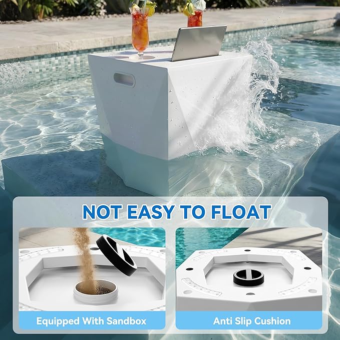 Modern Assemble-Free Outdoor Side Table, Pool Side Table for Inside Pool or on Patio, Lounger Table with 2 Cup Holders * 1 Tablet Holder, White