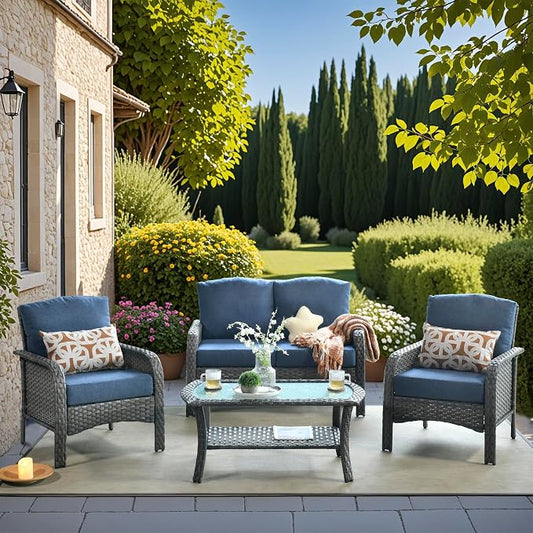 4 Pieces Wicker Patio Furniture - All-Weather PE Wicker Outdoor Conversation Bistro Set Loveseat Chairs with Table,Outdoor Rattan Sofa Chair High Back Deep Seating,Blue