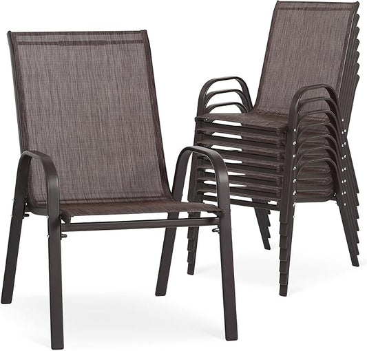 24.4" Wide Outdoor Stackable Chairs Set of 8, Stacking Patio Chairs with Textilene Fabric, Outside Furniture for Garden Backyard Balconie Poolside Deck, Brown