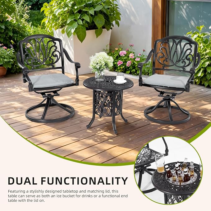 21" Side Table with Removable Ice Bucket- Rustproof Cast Aluminum Frame, Hand-Brushed Finish, Food-Grade 304 Stainless Steel Bucket - Perfect for Indoor & Outdoor, Patio, Balcony, and Poolside