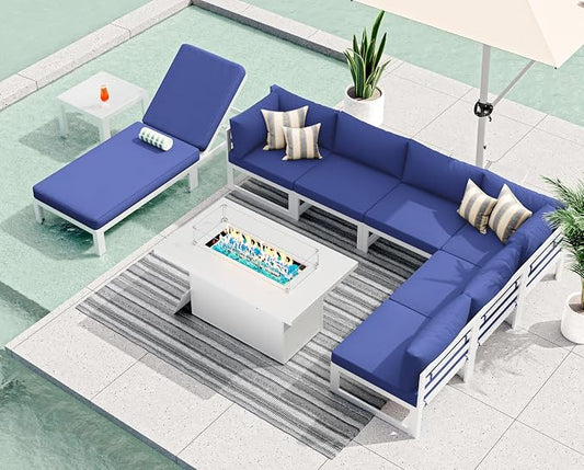 RADIATA 9 Piece Large Modern Aluminum Patio Furniture Set, Fade Resistant Modular Outdoor Conversation Set with Lounge & Fire Pit Table, 500 lbs Durable Modular Sectional Sofa for Garden, Navy Blue