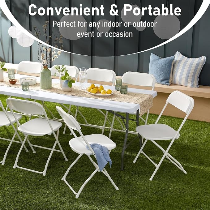 6FT Plastic Folding Table Set with 6 White Folding Chairs, Portable Heavy Duty Table and Chair Set for Picnic, Party, Training, Wedding, Outdoor Activities, Home & Commercial Use