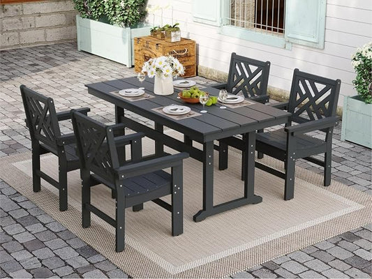 5-Piece Outdoor Dining Set, HDPE All-Weather Patio Table and Chairs Set for 4, Outdoor Patio Furniture Sets with Umbrella Hole for Outside, Deck, Backyard, Garden (Black)