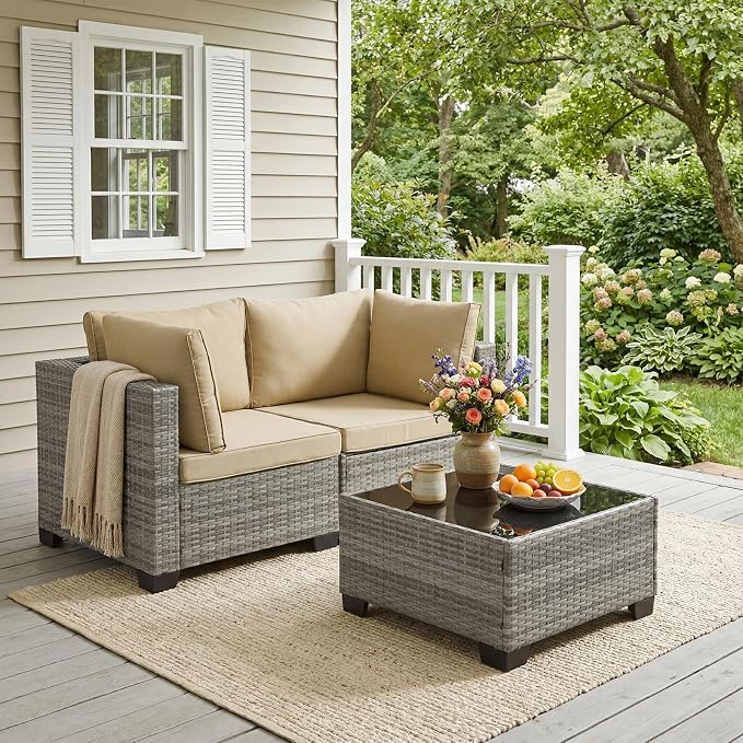 ANJ 3 Piece Outdoor Wicker Patio Furniture Set, Modular Loveseat Sofa with with Glass Top Coffee Table, All-Weather Rattan Conversation Couch Set for Balcony, Backyard, Light Grey Wicker-Camel