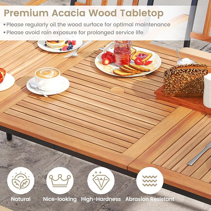 RELAX4LIFE Wooden Outdoor Dining Table for 8, 79’’ Acacia Wood Patio Table w/2’’ Umbrella Hole, Slatted Tabletop & Metal Legs, Indoor Outdoor Rectangular Picnic Table, 8-Person Patio Dining Table