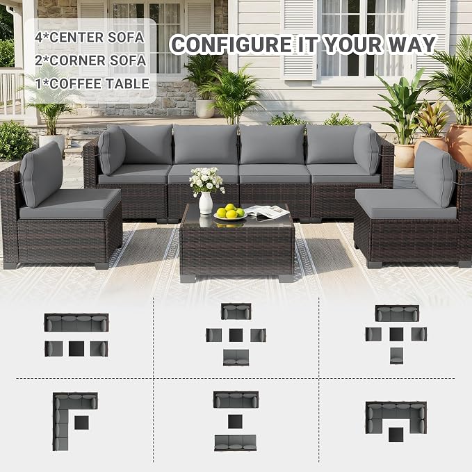 LEVELEVE 7-Piece Outdoor Patio Furniture Sets, Manual Weaving Rattan Conversation Sectional Sofa with Tempered Glass Coffee Table, All-Weather PE Wicker & Thick Cushions for Garden, Backyard, Porch