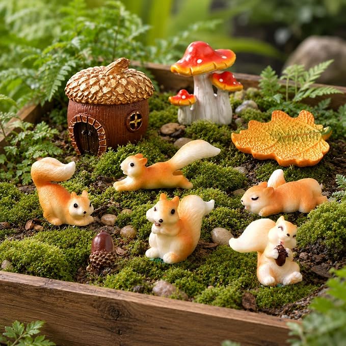 Fairy Garden Accessories, 9 Pieces Squirrel Resin Figures with Pinecone House Mushroom Leaf, Handmade Miniature Decor, Garden Miniatures Decors for Outdoor Home, Perfect DIY Gift