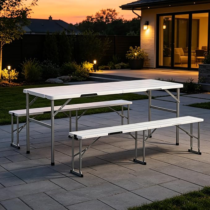 Picnic Table and Chairs Set, 6 Feet Foldable Camping Table with 2 Benches, 3-Piece Portable Folding Furniture with Wood Grain for Patio, Weddings, Party or School Use, White
