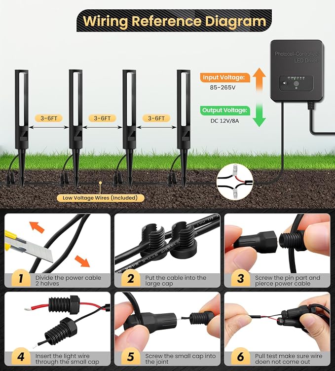 MEIKEE 5W Low Voltage Path Lights, 12-24V Auto On/Off Landscape Lighting | 2700K Warm White, IP66 Waterproof, Aluminum Garden Lights with 80W Transformer 50FT Cord for Pathway, Yard, Lawn 6-Pack