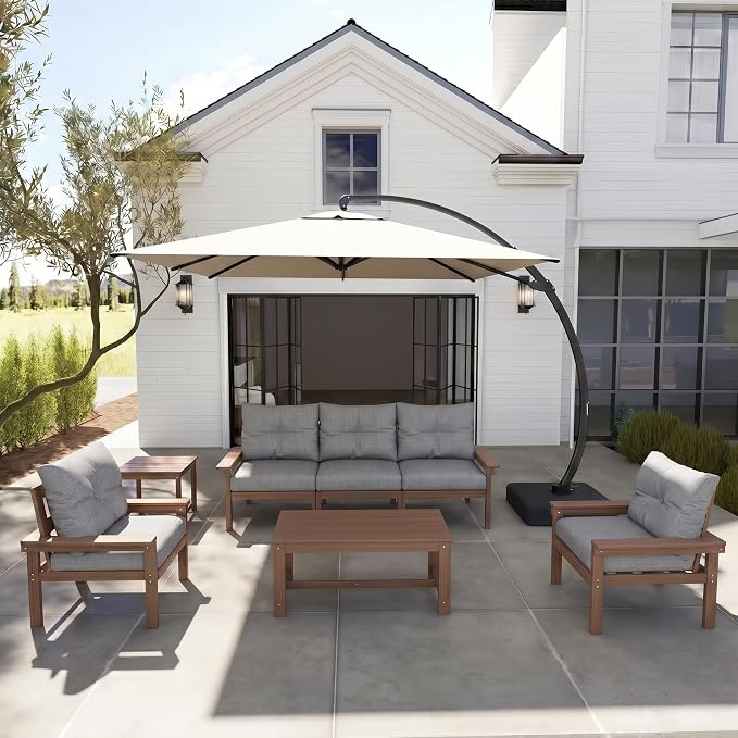 HDPE 7 Piece Patio Furniture Set, All-Weather Outdoor Couch Set with Thick Cushions & Table & Umbrella, Patio Conversation Sets for Lawn, Garden, Porch, Balcony, Deck, Poolside, Teak & Grey