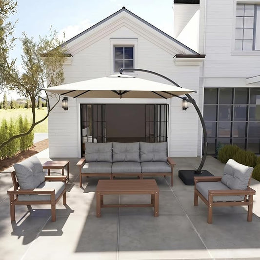 HDPE 7 Piece Patio Furniture Set, All-Weather Outdoor Couch Set with Thick Cushions & Table & Umbrella, Patio Conversation Sets for Lawn, Garden, Porch, Balcony, Deck, Poolside, Teak & Grey