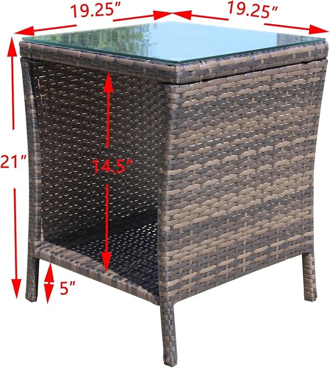 Outdoor Wicker Side Table, 19.25" Square Patio End Table with Tempered Glass Top & Storage Shelf, All-Weather Brown Rattan Coffee Table for Patio, Porch, Backyard, Poolside, Indoor & Outdoor Use