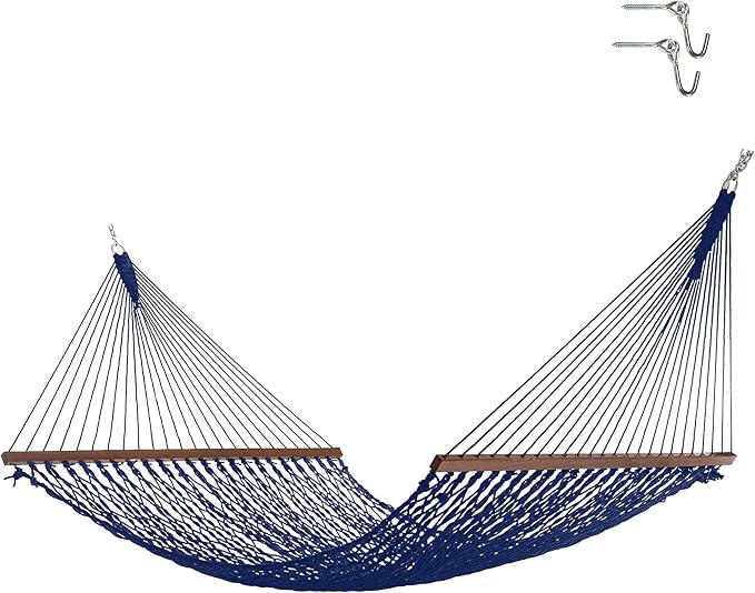 Hatteras Hammocks Deluxe Navy Duracord Rope Hammock with Free Extension Chains & Tree Hooks, Handcrafted in The USA, 450 LB Weight Capacity, 13 ft. x 60 in