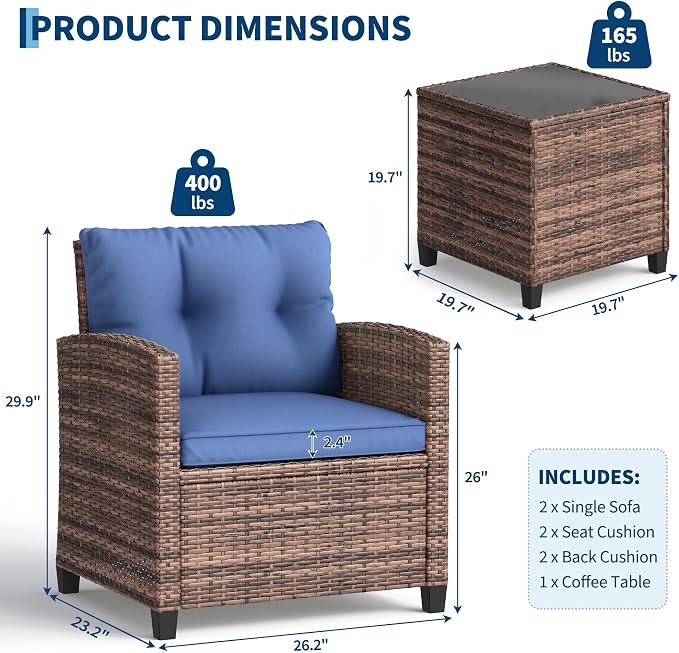 GarveeHome 3-Piece Outdoor Wicker Sofa Set, PE Rattan Patio Furniture with Removable Washable Blue Cushions & Tempered Glass Table, Conversation Seating for Garden, Poolside, Balcony, Brown Wicker