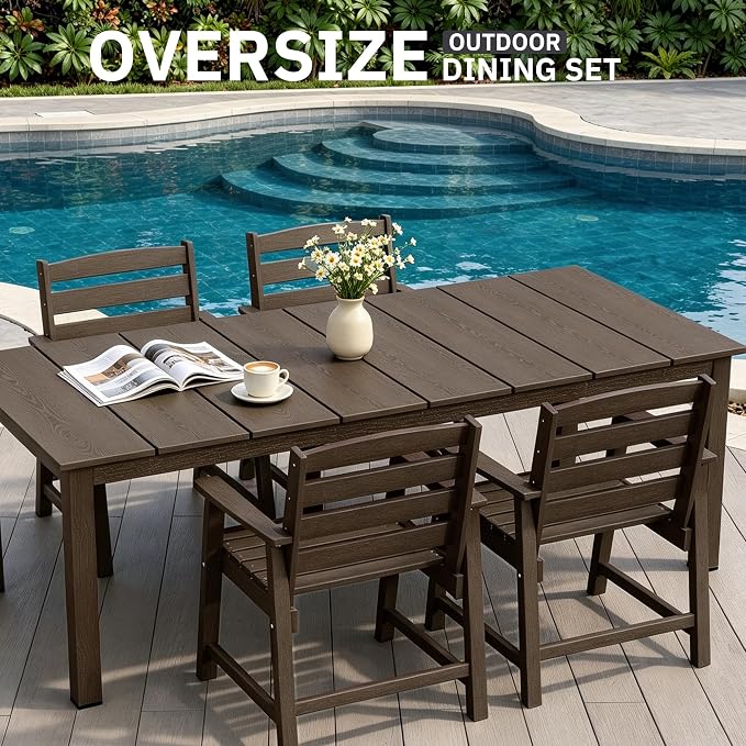 AreShark 5-Piece Outdoor Dining Set,HDPE Patio Table with 4 Armchairs,All-Weather Patio Furniture Set with Umbrella Hole,Low Maintenance Wood Grain Dining Set for Backyard,Garden,Poolside,Black