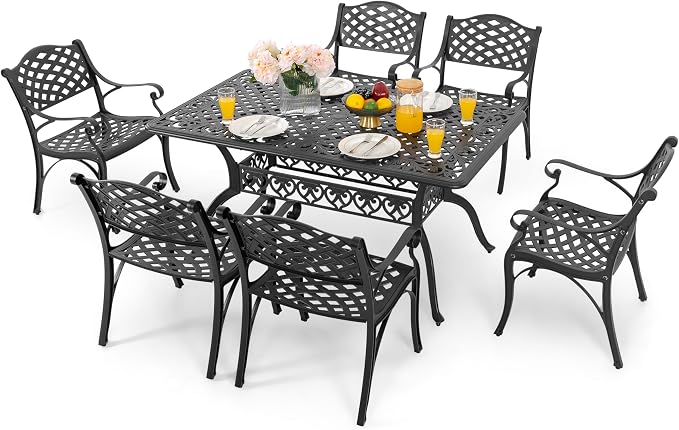 NUU GARDEN 7 Pieces Outdoor Patio Dining Sets, Cast Aluminum Rectangle Patio Table with Umbrella Hole and 6 Bistro Chairs, Armrest Dining Chairs and Bistro Table for Balcony, Backyard, Black