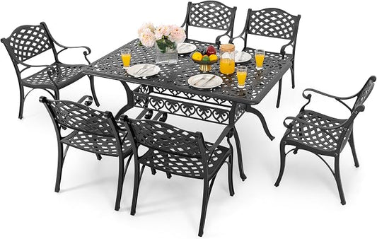 NUU GARDEN 7 Pieces Outdoor Patio Dining Sets, Cast Aluminum Rectangle Patio Table with Umbrella Hole and 6 Bistro Chairs, Armrest Dining Chairs and Bistro Table for Balcony, Backyard, Black