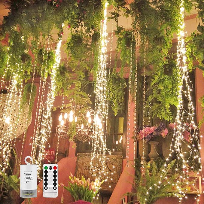 SHUKAN 220 LED Firefly Bunch Lights Battery Operated, 8 Flashing Modes Waterproof Copper Wire Waterfall Lights, Remote Controlled Timer and Hooks, Fairy Lights for Indoor Outdoor Decor (Warm White)