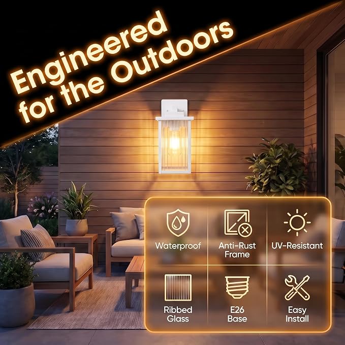 2-Pack 13" White Outdoor Wall Light, All-Metal Frame Porch Light | Textured Glass Softens Glare, Stays Bright. Anti-Yellowing White Metal. Pre-Assembled DIY Install. For Porch, Garage & Entry