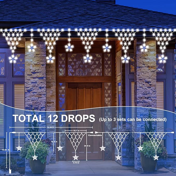 Christmas Lights Outdoor, 218 LED 13.8ft 8 Modes Curtain String Lights with 12 Drops Star, Plug-in Christmas Icicle Lights for Wedding, Party, Eaves, Xmas Yard Decorations - White