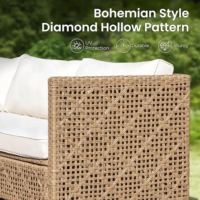 PHI VILLA Wicker Patio Furniture Set, Rattan Patio Sectional Sofa Outdoor Couch Set with Acacia Wood Coffee Table, 7 Pieces U-Shaped Patio Conversation Set for Backyard Porch, Beige Cushion