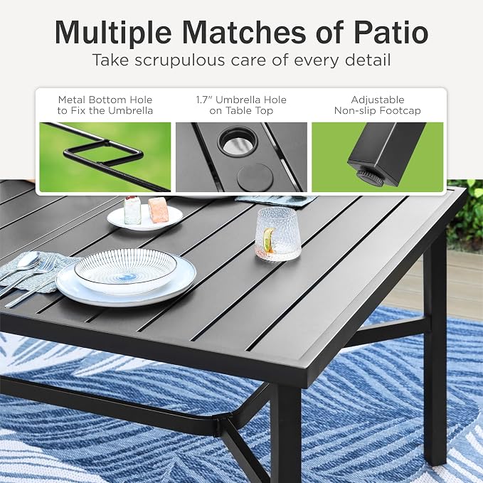 PHI VILLA 9 Pcs Outdoor Dining Set, 83" Steel Table w/Umbrella Hole | Rectangular Metal Table w/ Umbrella Hole & Stackable Wrought Iron Chairs,Patio Furniture for Patio, Deck, Yard, Porch