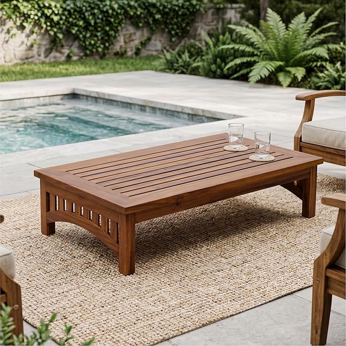 Merax 49" Mid-Century Modern Acacia Wood Slatted Outdoor Coffee Table, Patio Coffee Table with Drainage Slats for Poolside, Deck, Backyard