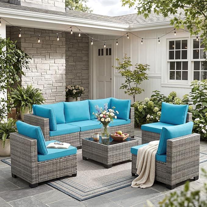 ANJ 7 Piece Outdoor Wicker Patio Furniture Set, Modular Loveseat Sofa with with Glass Top Coffee Table, All-Weather Rattan Conversation Couch Set for Balcony, Backyard, Light Grey Wicker-Turquoise