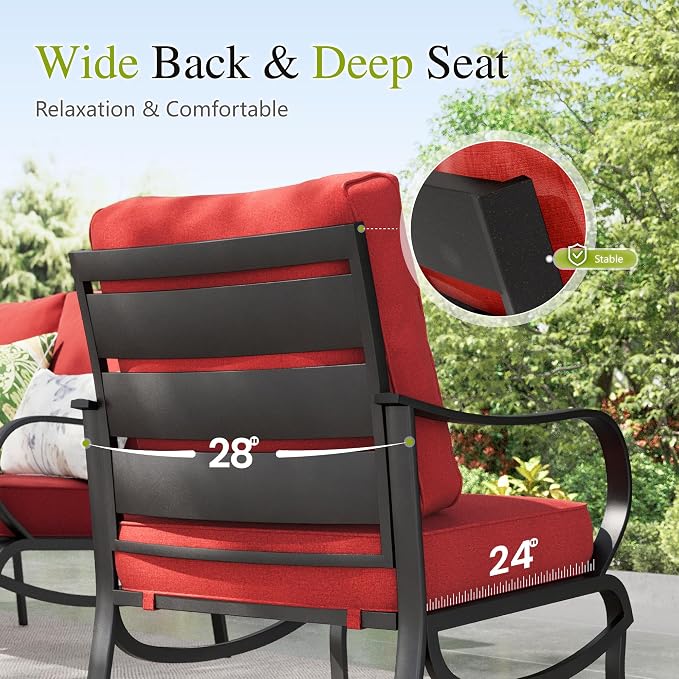 Sophia & William Patio Furniture Sets for 7 Outdoor Conversation Set 6 Pcs with 4 x Armrest Cushioned Sofa Chairs, 1 x 3-Seat Sofa, 1 Marbling Metal Coffee Table Garden Backyard Poolside Red