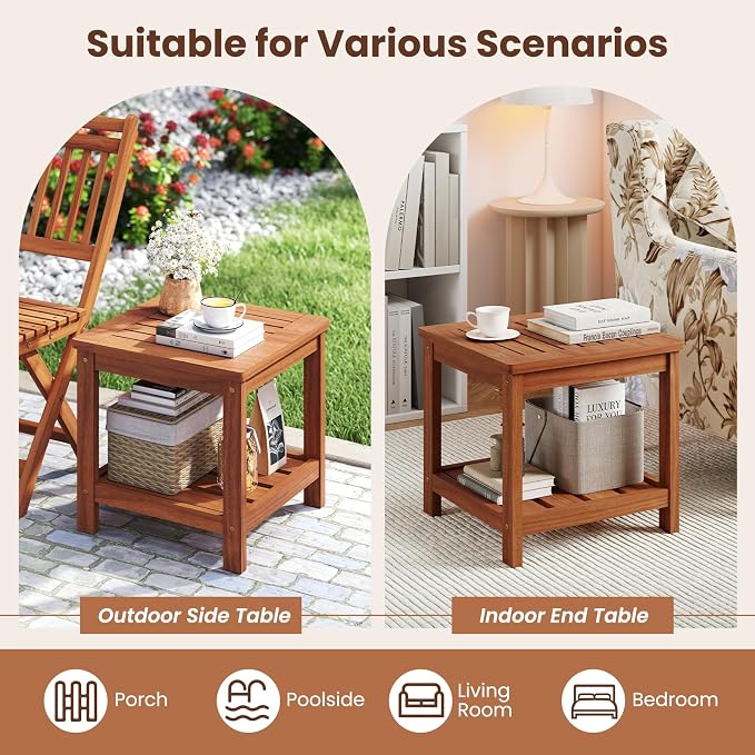 Tangkula Outdoor Side Table, 2-Tier Solid Wood Patio Table with Slatted Tabletop & Storage Shelf, Indoor Outdoor Square Small End Table for Patio, Garden, Yard, Porch, Living Room (2)