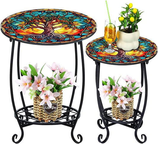 Cinnvoice 2 Pcs Outdoor Side Table Small Patio Round Mosaic Accent End Table Indoor Plant Metal Coffee Tea Tables for Patio Yard Porch Garden Living Room(12" and 16",Tree of Life)