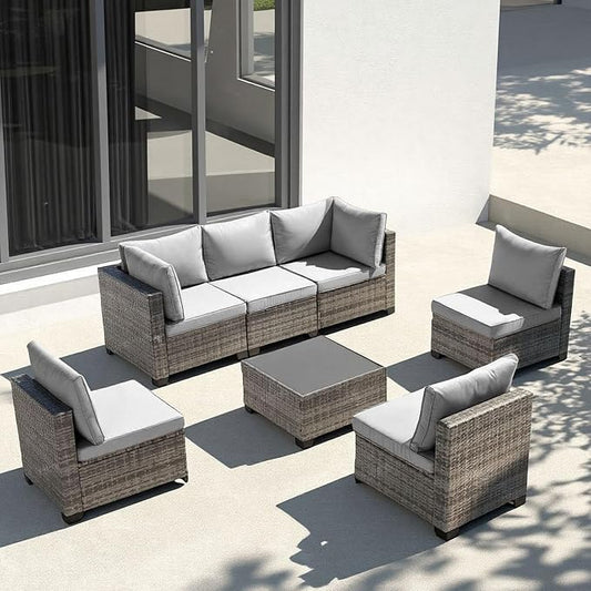 7-Piece Outdoor Patio Furniture Set, Gray PE Rattan Sectional Sofa with Light Grey Cushions and Steel Frame, Coffee Table Included, Modular Outdoor Conversation Set for Patio Garden Poolside