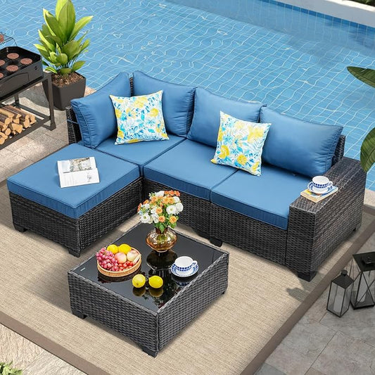 5 Pieces Outdoor Patio Furniture Set, Wicker Conversation Sets with Tea Table, Rattan Patio Sofa with Thick Cushions for Garden, Backyard, Poolside, Party, Peacock
