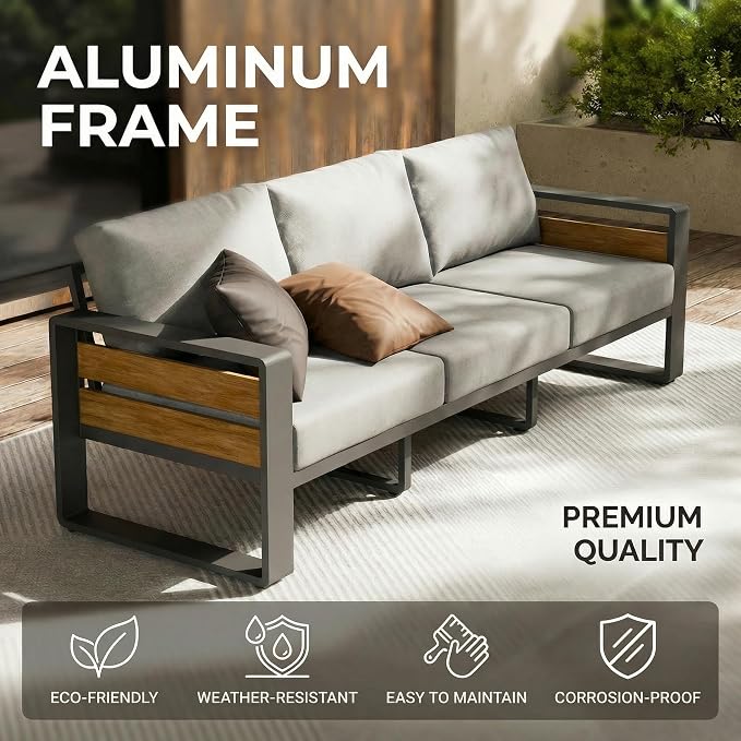 ZANDOR Aluminum Outdoor Patio Furniture Set with Table,4 Seat, Grey | Rustproof,High weight capacity,Water-repellent,Washable Cover,All-Weather Resistant,Easy clean,for Poolside Backyard Deck