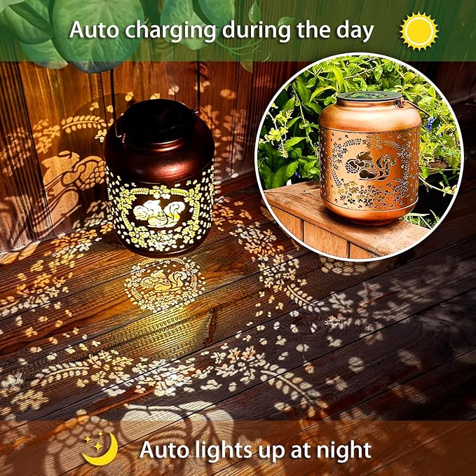 Squirrel Solar Lanterns Outdoor Waterproof Hanging Solar Lights Squirrel Gifts for Women Men Metal Decorative LED Lanterns for Yard,Patio,Lawn,Tabletop,Pathway,Landscape,Garden Decor