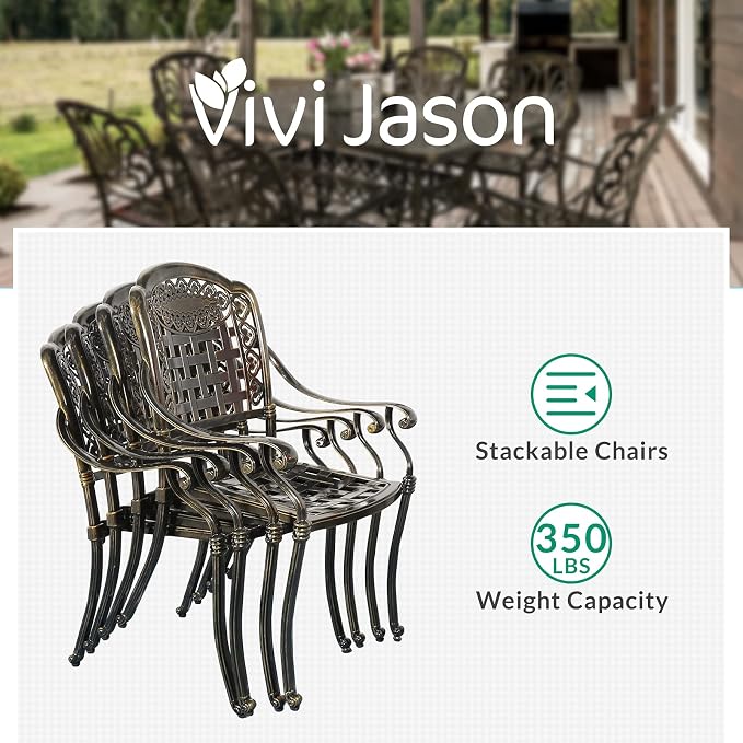VIVIJASON 9-Piece Outdoor Patio Furniture Dining Set, All-Weather Cast Aluminum Conversation Set, Include 8 Chairs and an Oval Table with Umbrella Hole for Balcony Lawn Garden Backyard