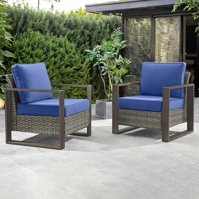 Rilyson Wicker Outdoor Patio Chairs Set of 2, Rattan Patio Furniture Chairs with Sturdy Frame,All-Weather PE Wicker,Wide Armrest,Deep Seating and Thick Cushions for Deck Porch Garden(Mixed Grey/Blue)